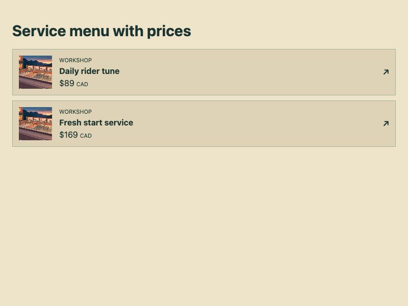 Service menu with prices preview
